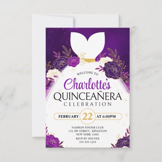 Paarse Quinceañera Bloemen Wit Prinses Jurk Kaart (Voorkant)