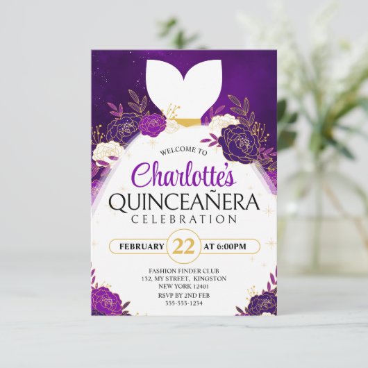 Paarse Quinceañera Bloemen Wit Prinses Jurk Kaart (Staand voorkant)