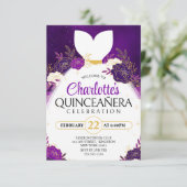 Paarse Quinceañera﻿ Bloemige Witte Prinsessenjurk Kaart (Staand voorkant)