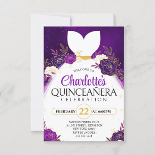 Paarse Quinceañera Bloemige Witte Prinsessenjurk Kaart