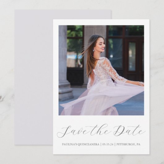  Paarse Quinceanera Eenvoudige Kalligrafie Foto Save The Date (Voorkant / Achterkant)
