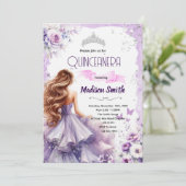 Paarse Quinceanera-feest uitnodiging (Staand voorkant)