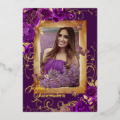 Paarse Quinceanera Foto Roos Gouden Vlinder Folie Uitnodiging (Voorkant)