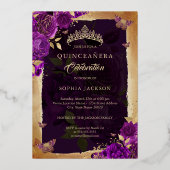 Paarse Quinceanera Foto Roos Gouden Vlinder Folie Uitnodiging (Achterkant)