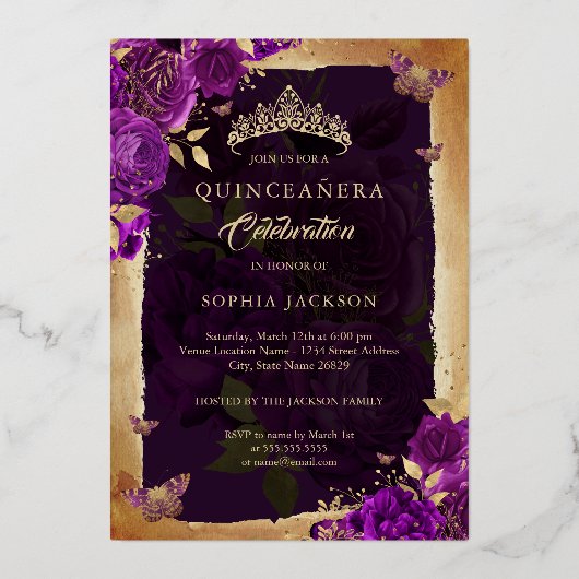 Paarse Quinceanera Foto Roos Gouden Vlinder Folie Uitnodiging (Achterkant)