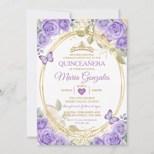 Paarse Quinceañera gouden kroon glitter vlinder Kaart (Voorkant)