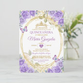 Paarse Quinceañera gouden kroon glitter vlinder Kaart (Staand voorkant)