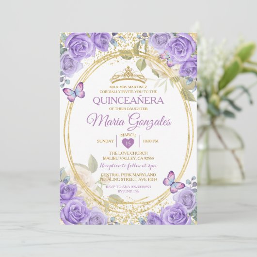 Paarse Quinceañera gouden kroon glitter vlinder Kaart (Staand voorkant)