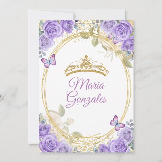 Paarse Quinceañera gouden kroon glitter vlinder Kaart (Achterkant)
