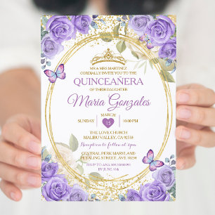 Paarse Quinceañera gouden kroon glitter vlinder Kaart
