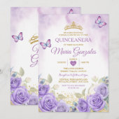 Paarse Quinceañera gouden kroon Mexicaanse vlinder Kaart (Voorkant / Achterkant)