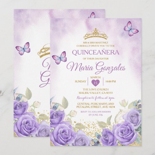 Paarse Quinceañera gouden kroon Mexicaanse vlinder Kaart (Voorkant / Achterkant)