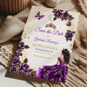 Paarse Quinceañera Gouden Tiara Rozen Vlinder Save The Date