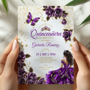Paarse Quinceañera Gouden Tiara Rozen Vlinders Kaart