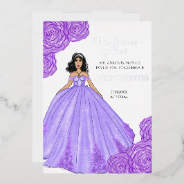 Paarse Quinceanera-jurk en bloemen Folie Uitnodiging