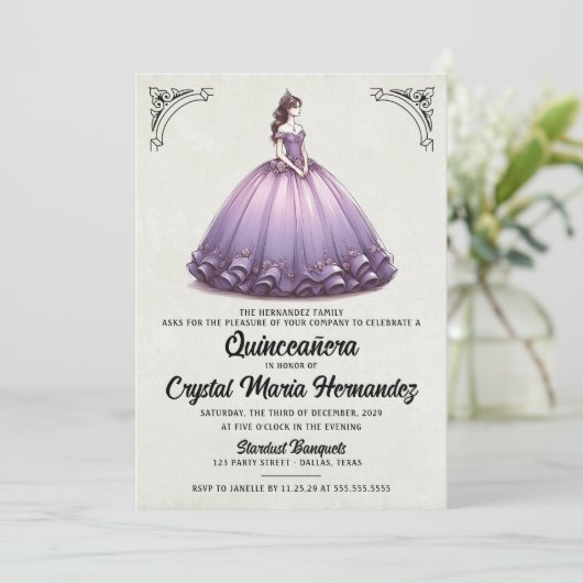 Paarse Quinceañera Kaart (Staand voorkant)