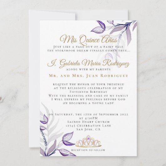 Paarse Quinceañera Mis Quince Años Follaje Morado Kaart (Achterkant)