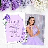 Paarse Quinceañera Rozen en Vlinders Foto Bedankkaart