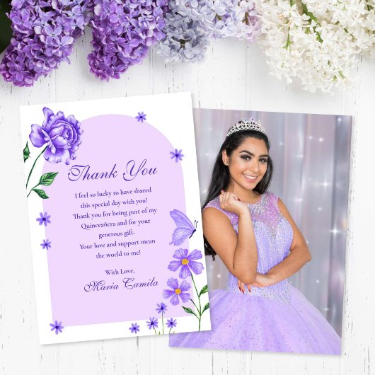 Paarse Quinceañera Rozen en Vlinders Foto Bedankkaart