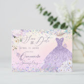 Paarse Quinceanera Save Date Holographic Confetti Kaart (Staand voorkant)