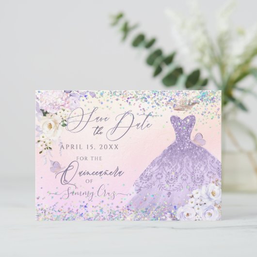 Paarse Quinceanera Save Date Holographic Confetti Kaart (Staand voorkant)