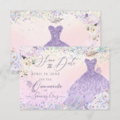 Paarse Quinceanera Save Date Holographic Confetti Kaart (Voorkant / Achterkant)