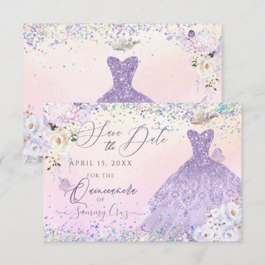 Paarse Quinceanera Save Date Holographic Confetti Kaart (Voorkant / Achterkant)