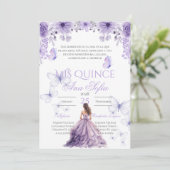 Paarse quinceañera uitnodiging met vlinders (Staand voorkant)