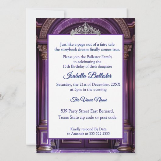 Paarse Quinceanera Verjaardag Palace Dress Tiara Kaart (Achterkant)