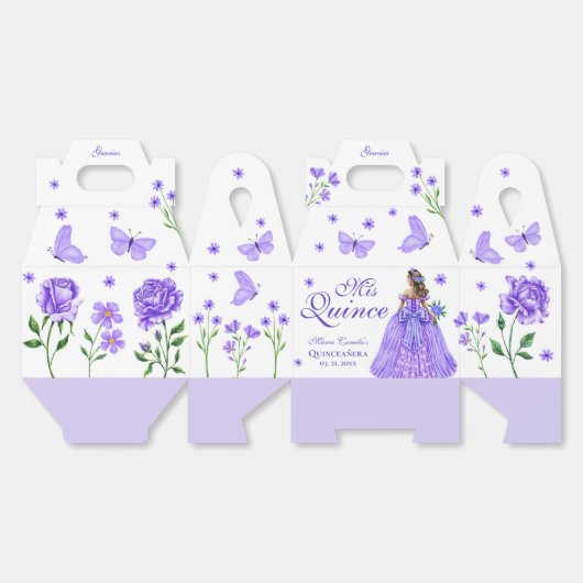 Paarse Quinceañera Vlinder en Rozen Bloemen Bedankdoosjes (Ongevouwen)