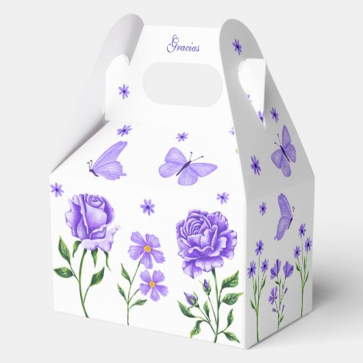 Paarse Quinceañera Vlinder en Rozen Bloemen Bedankdoosjes (Achterkant)