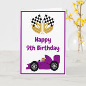 Paarse raceauto ontwerp gepersonaliseerd 9e verjaa kaart (Gele Bloem)