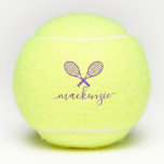 Paarse Racquets met naam op maat Tennisballen<br><div class="desc">Paarse en gele gepersonaliseerde tennisbal bedrukt met douanenaam of tekst in een  feministisch en meisjes modern script font en twee gekruiste tennisracketmonogram . Elke vrouwelijke tennisspeler zou het op prijs stellen als deze moderne monogrammed-praktijkballen als geschenk worden gezien.</div>