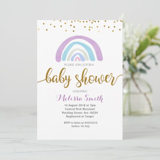 Paarse Rainbow baby shower Uitnodigingskaart Kaart (Staand voorkant)