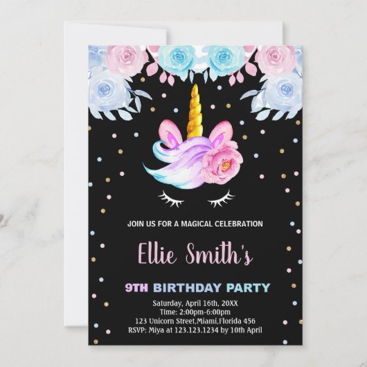 Paarse Rainbow Pink Eenhoorn Verjaardagsuitnodigin Kaart (Voorkant)