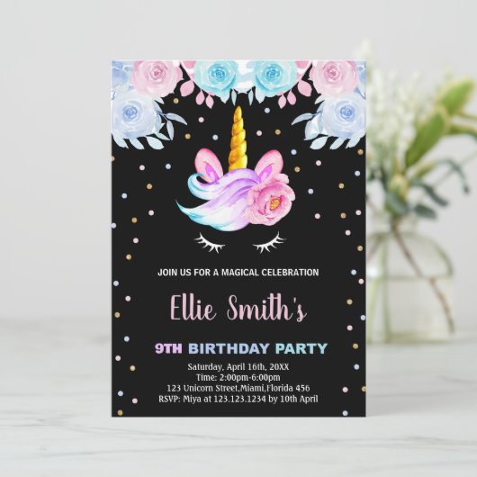 Paarse Rainbow Pink Eenhoorn Verjaardagsuitnodigin Kaart (Staand voorkant)