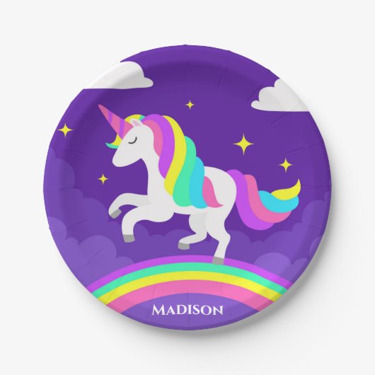 Paarse Rainbow Unicorn Party - Gepersonaliseerde n Papieren Bordje (Voorkant)