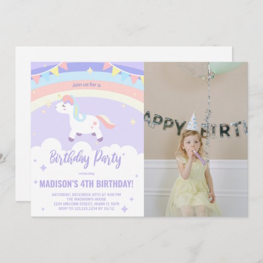 Paarse Rainbow Unicorn Verjaardag Uitnodigingen fo (Voorkant / Achterkant)