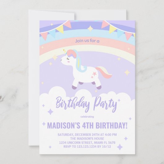 Paarse Rainbow Unicorn verjaardagsuitnodigingen Kaart (Voorkant)