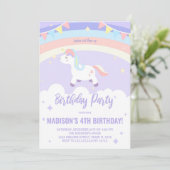 Paarse Rainbow Unicorn verjaardagsuitnodigingen Kaart (Staand voorkant)