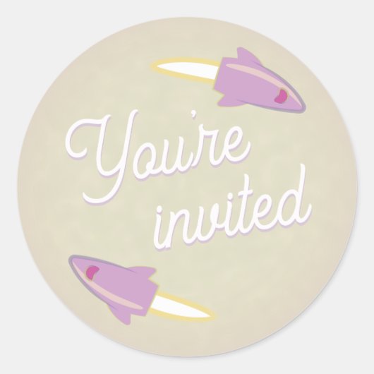 Paarse raketten en maanenveloppen ronde sticker (Voorkant)