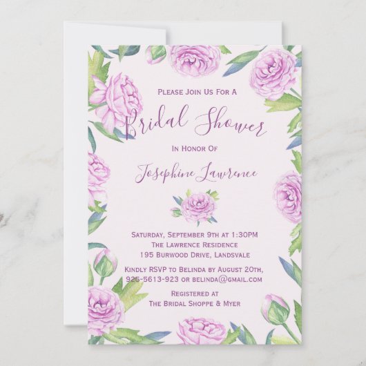 Paarse Ranunculus Bridal Shower Invitation Kaart (Voorkant)