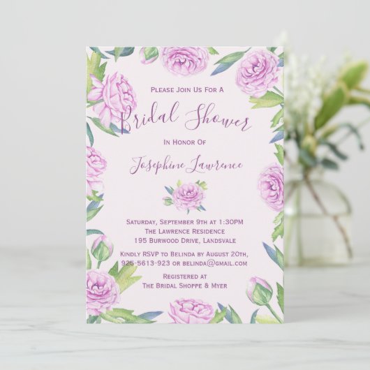 Paarse Ranunculus Bridal Shower Invitation Kaart (Staand voorkant)