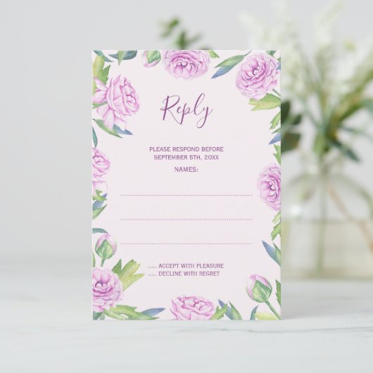 Paarse Ranunculus Lente Bruiloft Antwoord Kaarten (Staand voorkant)