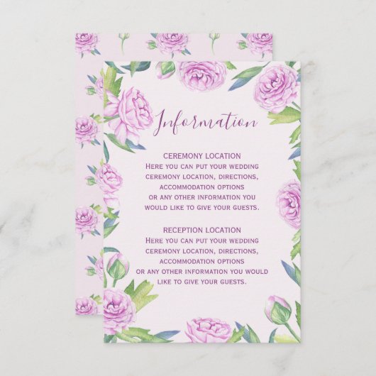 Paarse Ranunculus Lente Bruiloft Informatie Kaarte Informatiekaartje (Voorkant / Achterkant)