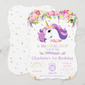 Paarse regenboog eenhoorn 1e verjaardag uitnodigin kaart (Voorkant / Achterkant)