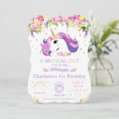 Paarse regenboog eenhoorn 1e verjaardag uitnodigin kaart (Staand voorkant)