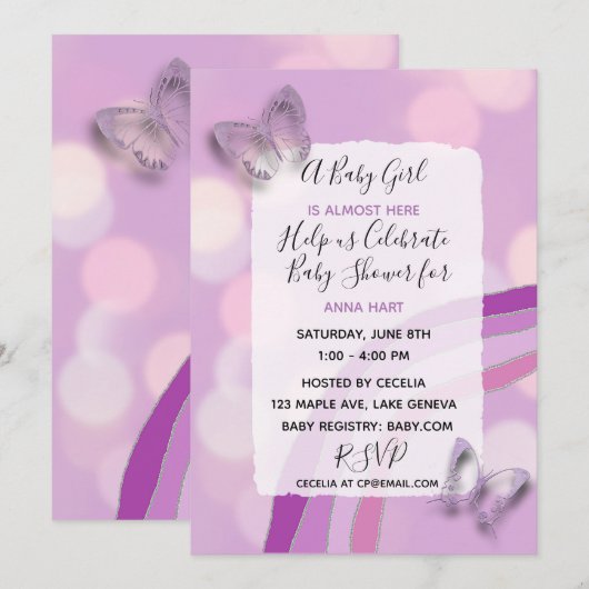 Paarse regenboog en vlinders meisje Baby shower Kaart (Voorkant / Achterkant)