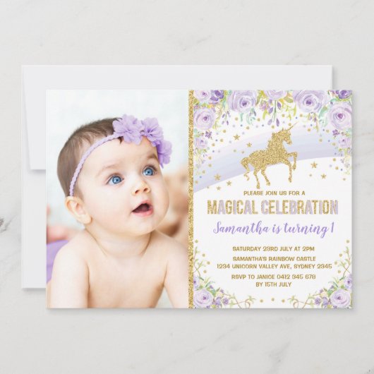 Paarse regenboog Unicorn Lavender Gold Birthday Kaart (Voorkant)