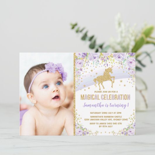Paarse regenboog Unicorn Lavender Gold Birthday Kaart (Staand voorkant)
